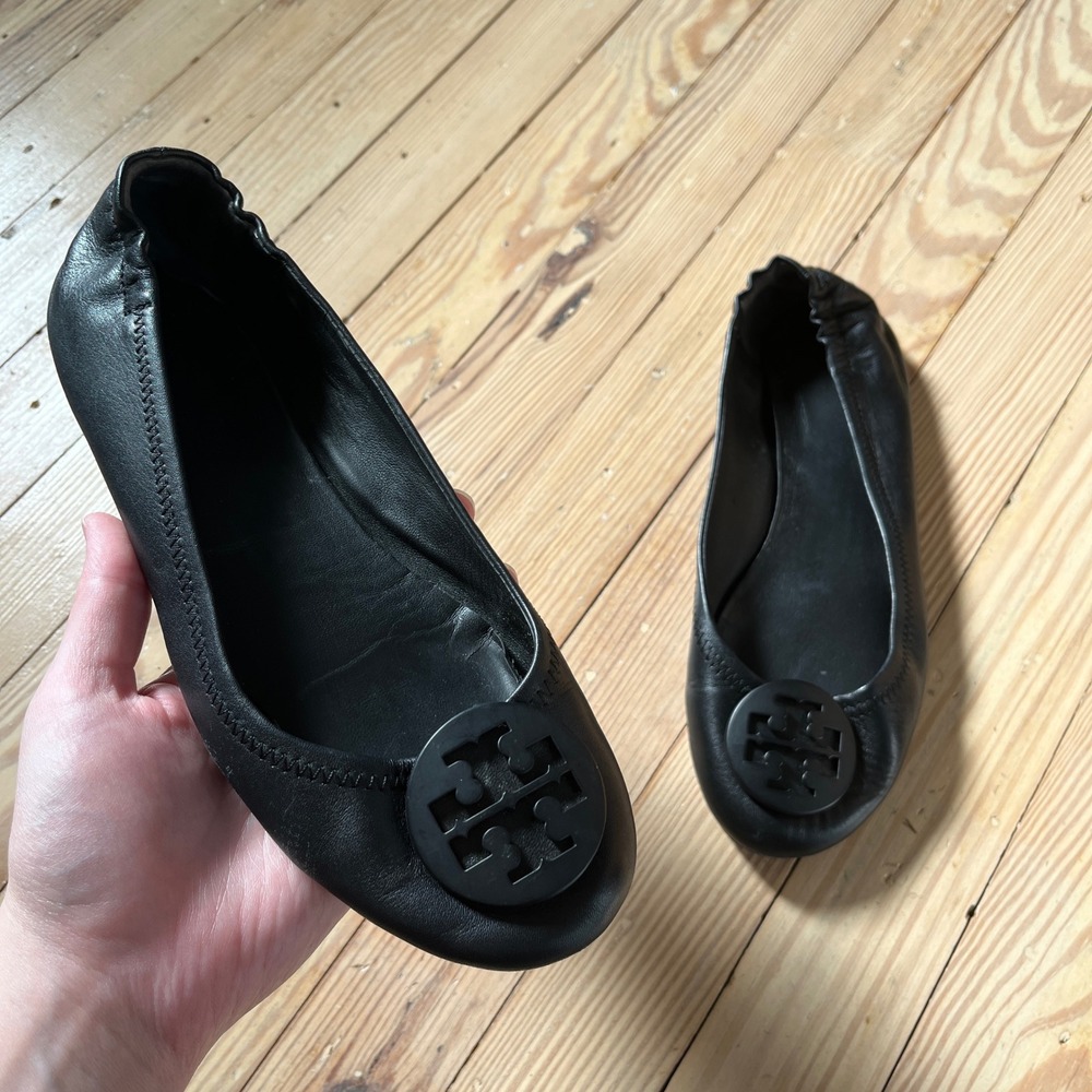 Tory Burch Minnie Travel Ballet Flats Womens 8.5 Black Leather Logo Foldable
